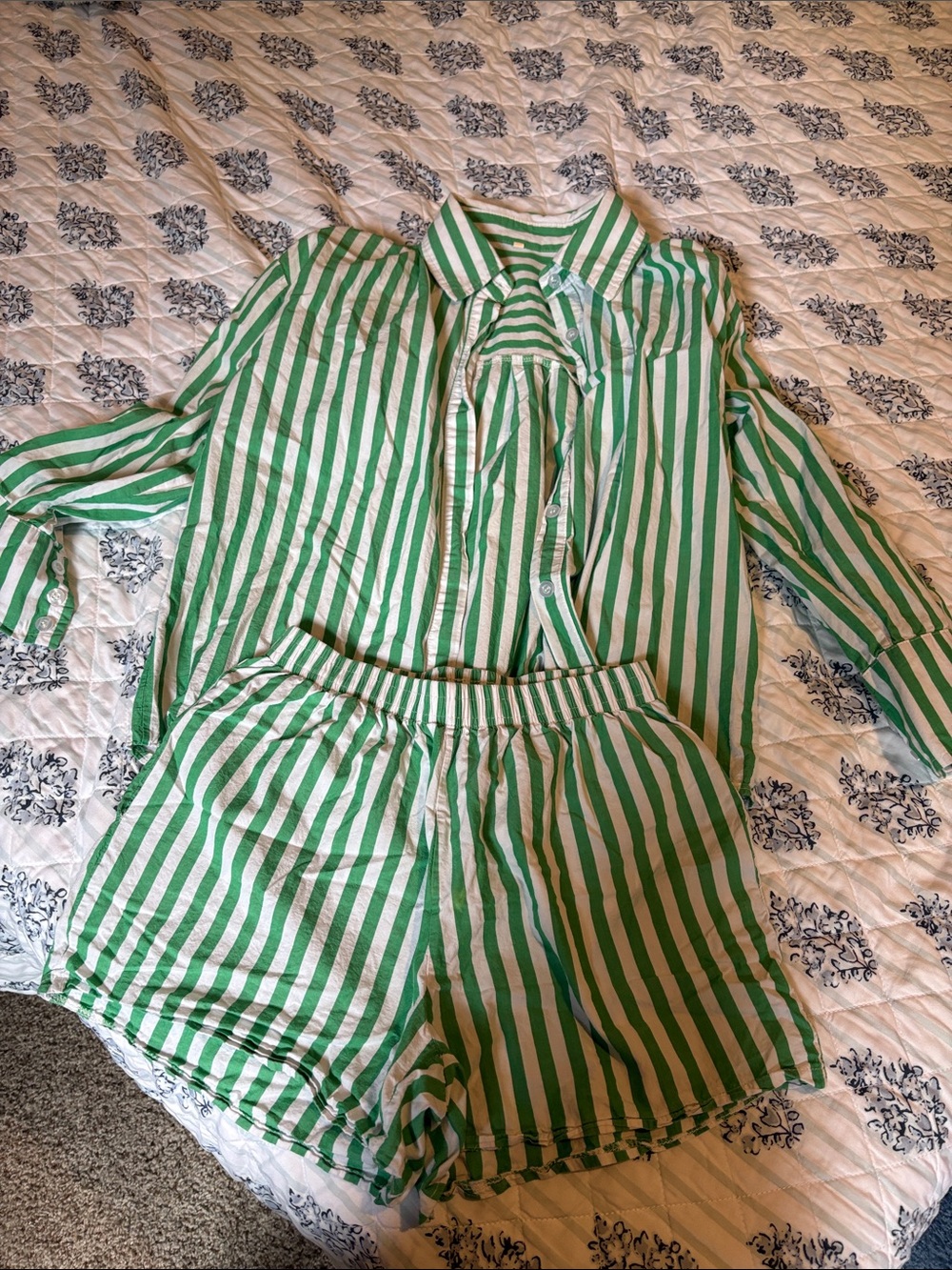 Green and White Stripe button up Set - Button-Up Top & Shorts